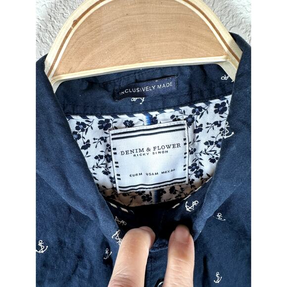 Denim & Flower Ricky Singh Mens M Navy Button-Up Shirt White Anchor Print Cotton - Picture 4 of 4